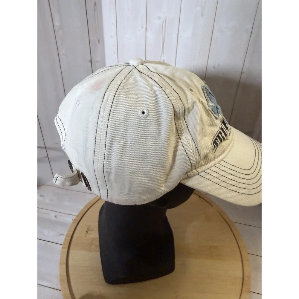 True Religion Y2k White Buddha Logo Distressed Frayed Strapback Hat Adjustable *